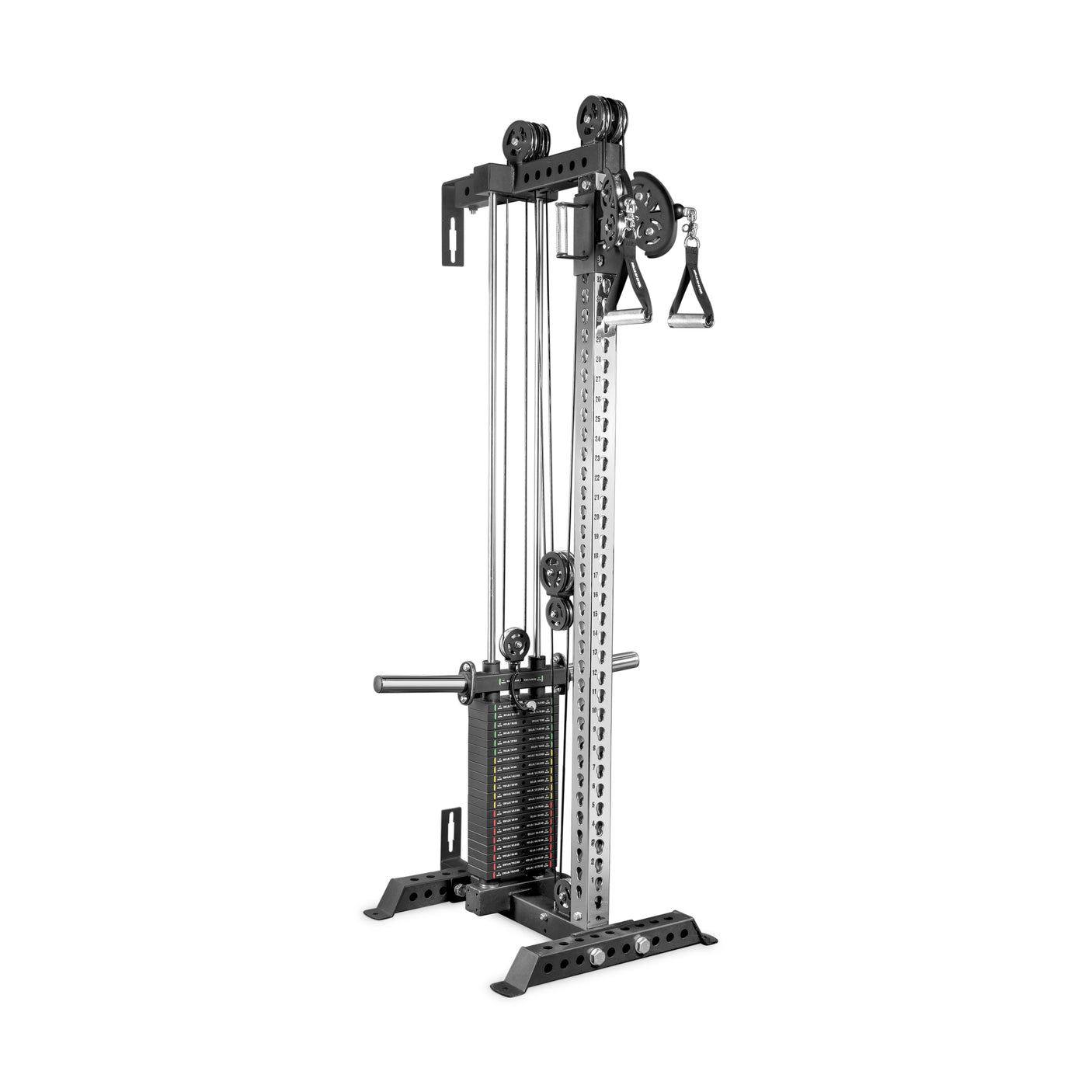 The Bells of Steel USA Oblivyon Tower - 3" x 3” Cable Tower features adjustable pulleys, weight stack, handles, and a sturdy base—ideal for strength training moves like lat pulldowns and rows.