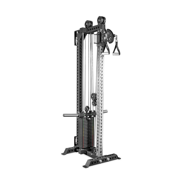 The Bells of Steel USA Oblivyon Tower - 3" x 3” Cable Tower features sturdy uprights, adjustable pulleys, a weight stack, and handles—offering versatile strength training for your home gym with easy height adjustments.