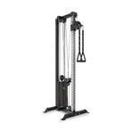 The Bells of Steel Cable Tower is a black and silver strength training machine with adjustable pulleys, weight stacks, and a single handle attachment, ideal for gym or home gym use.