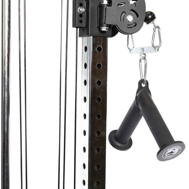 Close-up of the Bells of Steel Fat Bar - Tricep Pressdown, a gym cable attachment with sturdy metal construction and black handle—perfect for enhancing grip strength during tricep workouts.