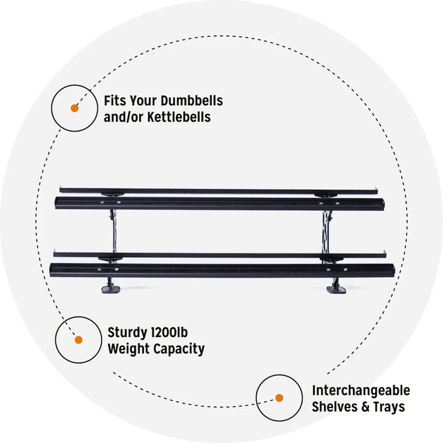 The Bells of Steel Commercial Interchangeable Weight Rack - Components Only features three black metal shelves to store competition kettlebells or commercial urethane dumbbells, supports up to 1200lb, and includes a swappable storage shelf.