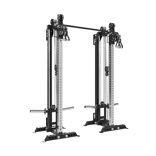 The Bells of Steel USA Oblivyon Tower – 3" x 3” Cable Tower Squat Stands features dual adjustable pulleys, handles, and weight stacks—perfect for strength training—displayed against a plain white background.