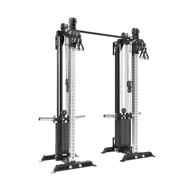 The Bells of Steel USA Oblivyon Tower - 3" x 3” Cable Tower Squat Stands features adjustable pulleys, handles, and weight stacks, making it a versatile unit for strength training exercises in the gym.
