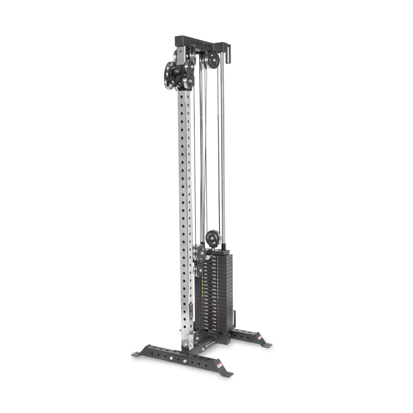 The Bells of Steel Cable Tower is a tall, silver machine featuring an adjustable weight stack, movable handles, upright support, and multiple height settings. Its sturdy base ensures stability—ideal for diverse cable exercises in gyms or home gyms.