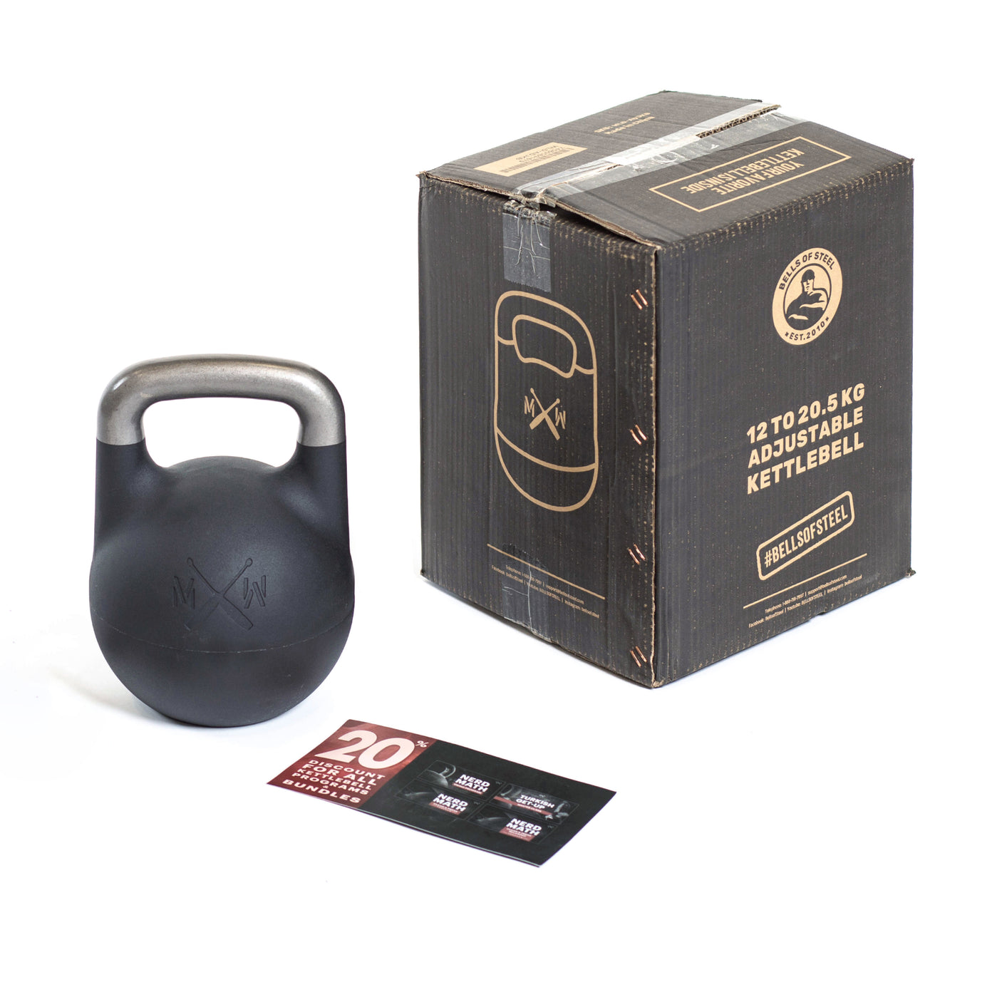 A Bells of Steel Mark Wildman Adjustable Kettlebell with a silver handle is displayed beside its brown box packaging, with two informational cards placed in front.