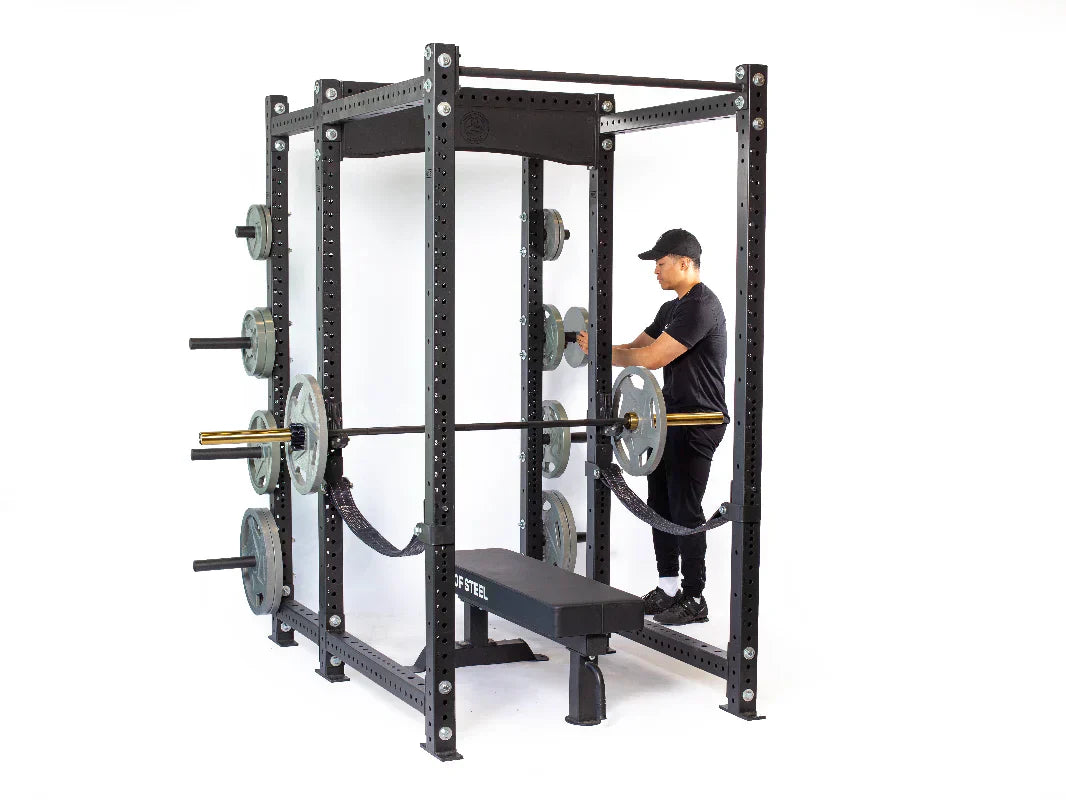 Hydra Power Rack 101 - Hydra 6 post with person setting up bench press