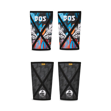 Four knee sleeves with different designs: two with vibrant abstract patterns and "BOS" text, and two with gray camouflage patterns featuring a logo with a hat.