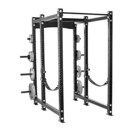 A black metal power rack with multiple weight plates stored on its sides, adjustable safety straps, and several holes for barbell placement, designed for weightlifting and strength training.