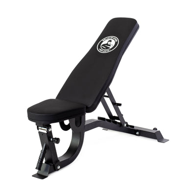 Black adjustable weight bench with padded seat and backrest, featuring a fitness logo on the backrest, positioned on a sturdy metal frame suitable for various workout angles.