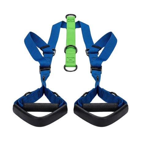 A blue and green suspension trainer with two black handles and adjustable straps, designed for bodyweight exercise and strength training, displayed on a white background.