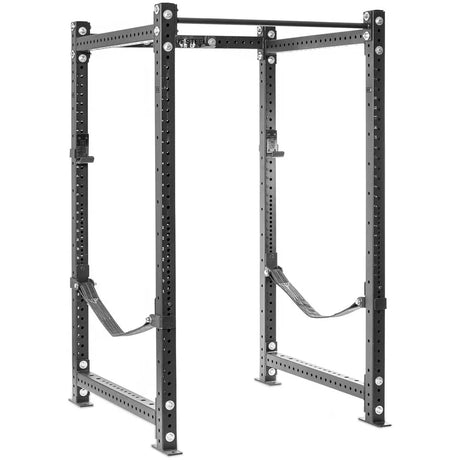 A black metal power rack with multiple adjustment holes, two safety straps, and a pull-up bar on top, designed for weightlifting and strength training.