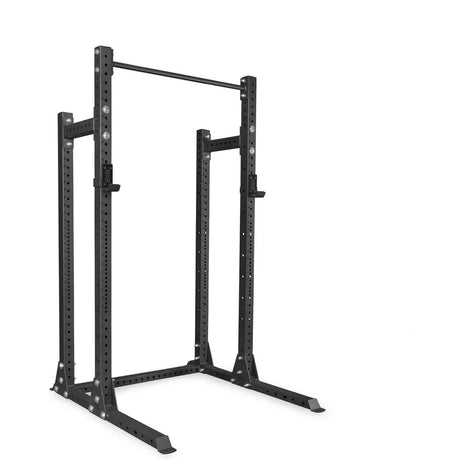 A black metal power rack with a pull-up bar and adjustable supports, designed for weightlifting and strength training, set against a plain white background.