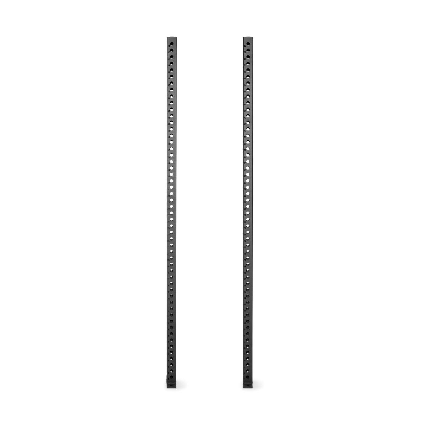 The Bells of Steel Manticore Vertical Uprights are tall, black 3x3 metal bars with evenly spaced holes, shown side by side against a white background—compatible with Manticore Rack series attachments.