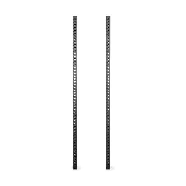 The Bells of Steel Manticore Vertical Uprights are two tall, black 3x3 metal bars with evenly spaced holes running vertically, shown standing side by side against a white background.
