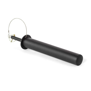 The Bells of Steel Utility Horn Rack Attachment is a sleek, black powder-coated cylindrical rod with a circular stopper near one end and a metal wire loop. It's positioned diagonally on a white background.