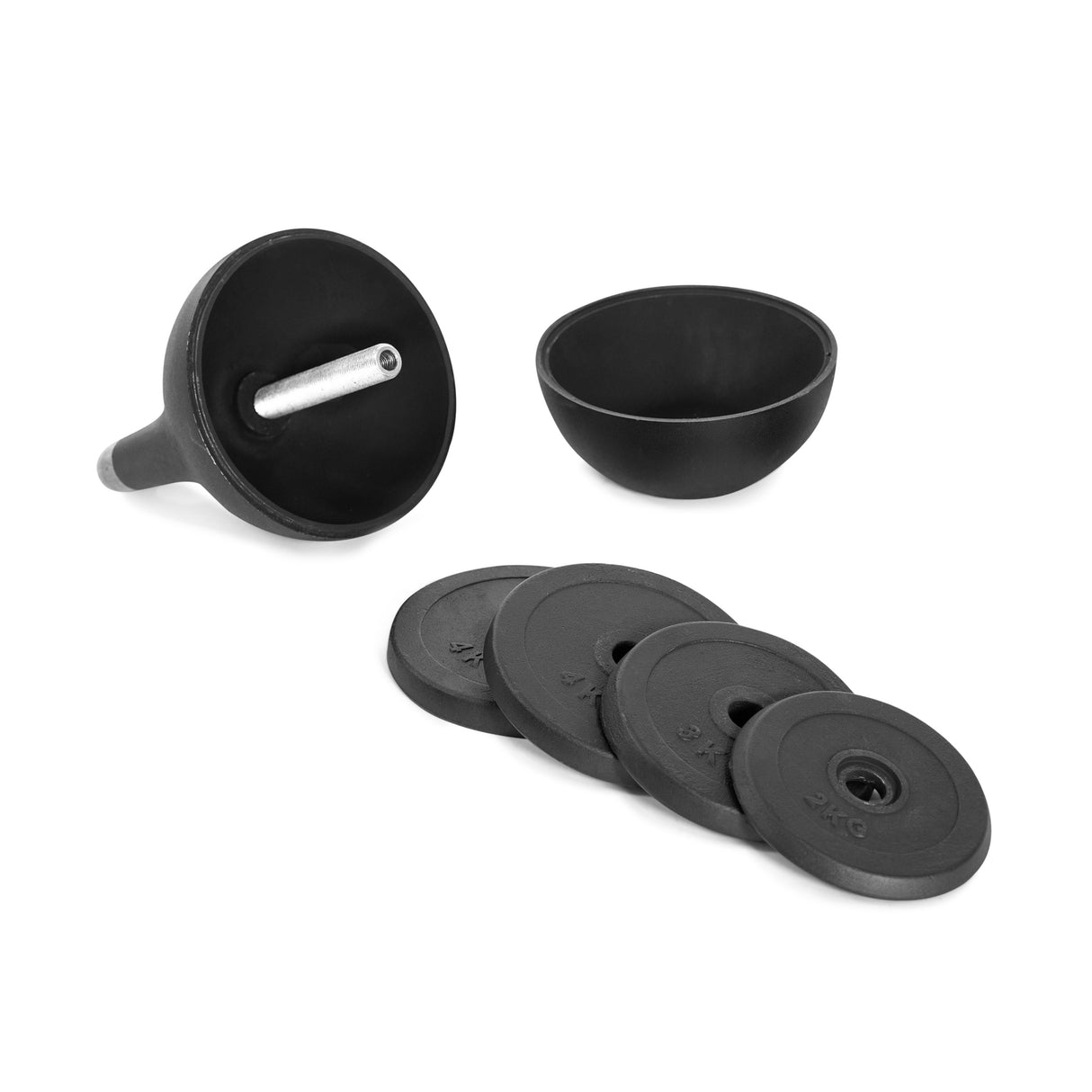 The 13KG Expansion Pack from Bells of Steel, featuring black weight plates arranged in a fan shape near a barbell sleeve and gray bowl, is perfect for versatile kettlebell training to effortlessly switch up routines.