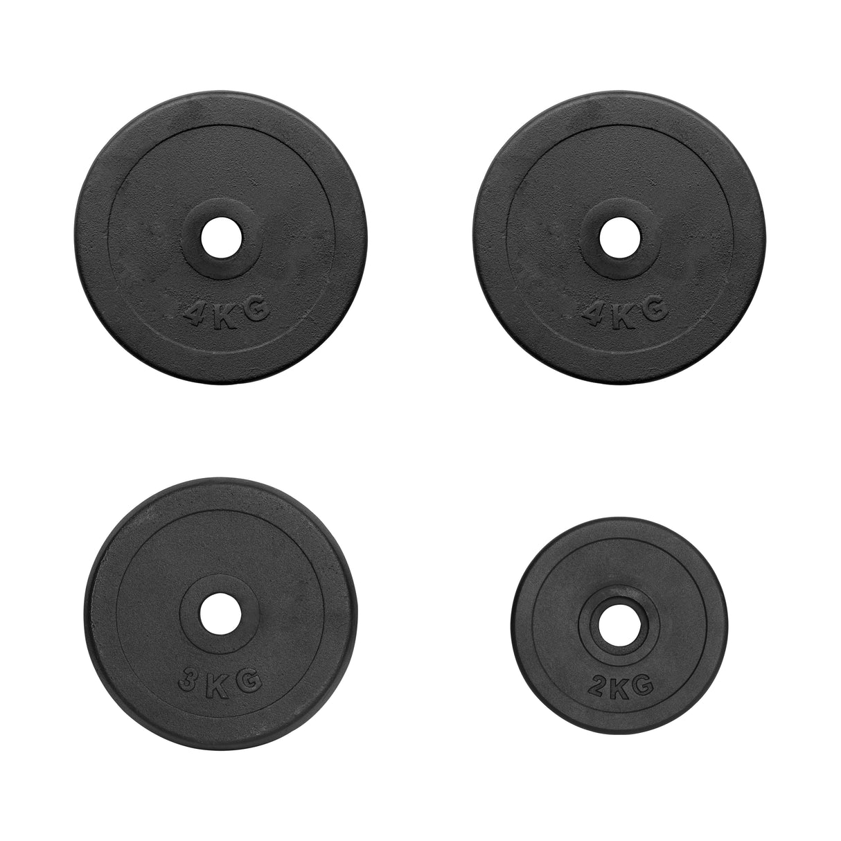 Four round black weight plates from Bells of Steel are displayed on a white background. At the top, two 4 kg plates rest above a 5 kg plate on the bottom left and a 2 kg plate to the right, all featuring central holes ideal for barbell workouts.