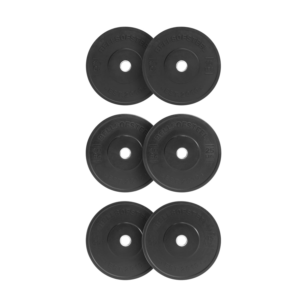 Six All-Black Bumper Plates by Bells of Steel are stacked in two columns with three plates each. They have writing and a central barbell fitting hole, and the background is plain white.