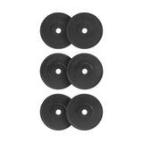 Six All-Black Bumper Plates by Bells of Steel are stacked in two columns with three plates each. They have writing and a central barbell fitting hole, and the background is plain white.