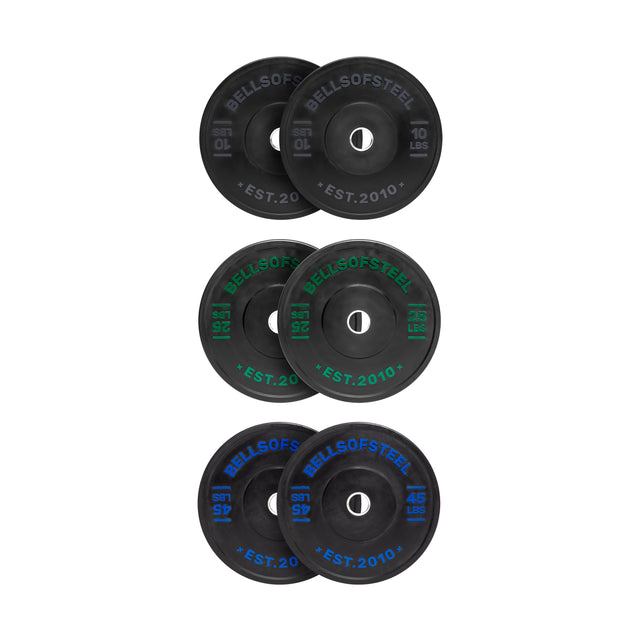 A set of six Dead Bounce Conflict Bumper Plates by Bells of Steel includes two 10 lb, two 25 lb green, and two 45 lb blue plates. Each black plate features a stainless steel insert and vibrant weight text with the Bells of Steel logo encased in virgin rubber.