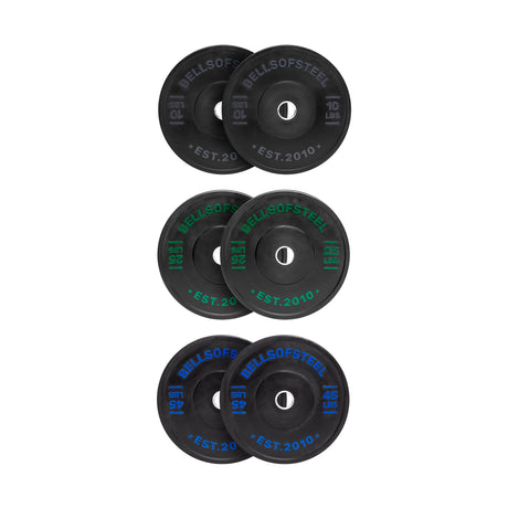 Four pairs of Bells of Steel Dead Bounce Conflict Bumper Plate Sets (10, 15, 25 & 45 lbs) with colored lettering and stainless steel inserts are arranged vertically on a white background.