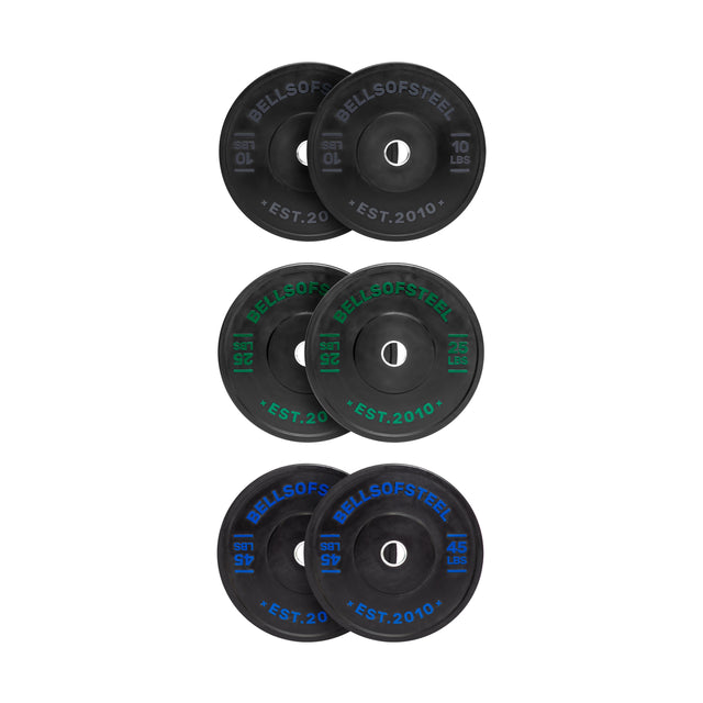 Four pairs of Bells of Steel Dead Bounce Conflict Bumper Plate Sets (10, 15, 25 & 45 lbs) with colored lettering and stainless steel inserts are arranged vertically on a white background.