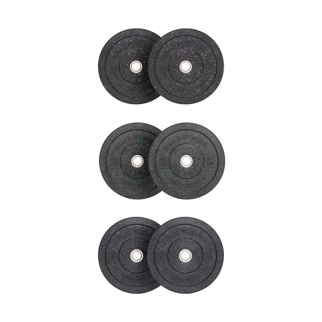 Three pairs of Bells of Steel Crumb Bumper Plates are stacked vertically, with visible center holes and textured surfaces, perfect for enhancing weightlifting or strength training sessions.