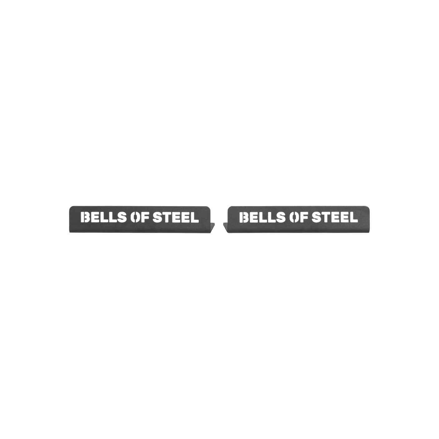 Two black metal hardware pieces with "Bells of Steel" in white, each with a small notch, designed as centre connections for the Deadlift Platform Single Layer by Bells of Steel, shown on a white background.