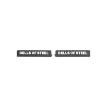 Two black metal hardware pieces with "Bells of Steel" in white, each with a small notch, designed as centre connections for the Deadlift Platform Single Layer by Bells of Steel, shown on a white background.