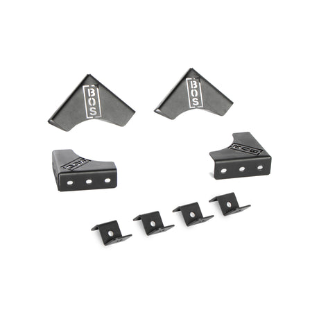 The Bells of Steel 1 Layer Deadlift Platform Hardware set includes eight black metal brackets—two L-shaped with "BOS" logos, two angled pieces, and four rectangular clips—ideal for modular platform setup.