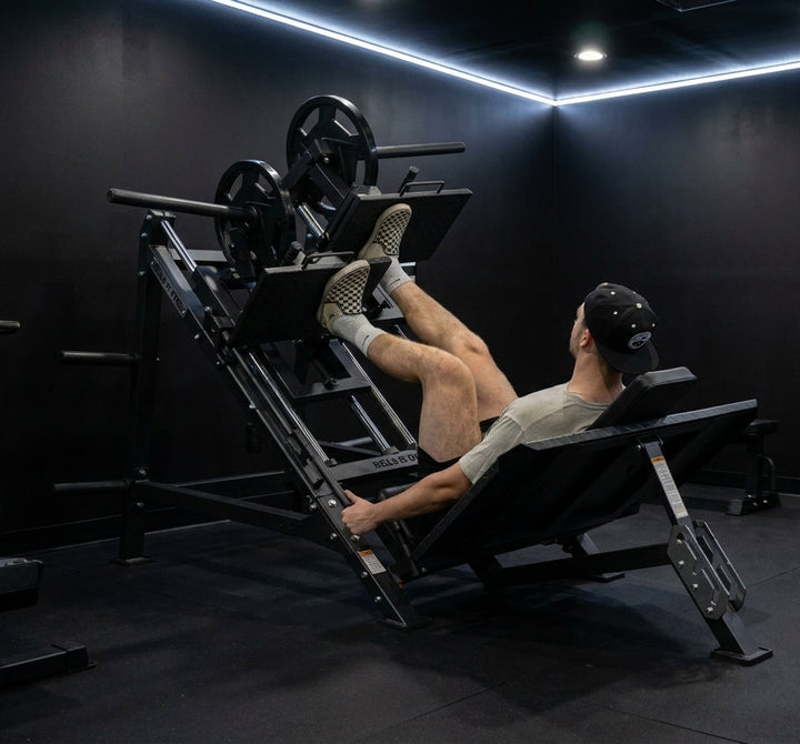 Person using a leg press machine in a dark gym setting