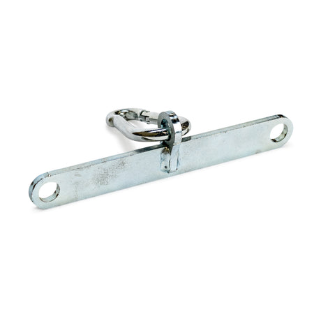 The Bells of Steel 2 to 1 Cable Attachment Adapter is a metal bracket with a central loop, two holes at each end, and a carabiner clip, shown isolated on a white background.