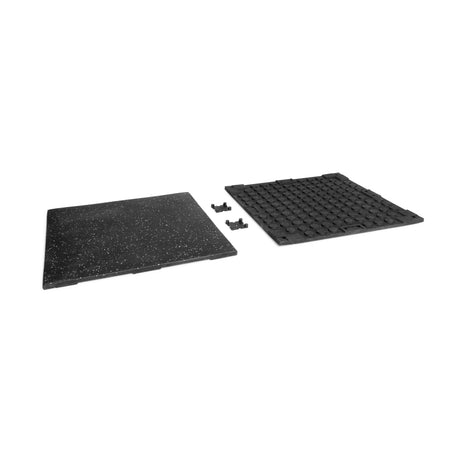 Two Bells of Steel Rubber Flooring Gym Mats, 24" x 24", are shown side by side—one with a speckled top and the other flipped to reveal its textured underside. Four small black connectors sit nearby, perfect for secure heavy-duty gym flooring.