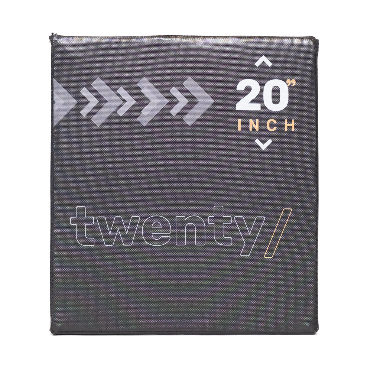 A black square package with diagonal arrows on the top left reads "20-Inch" in the top right and "twenty/" in large letters across the center. Ideal for home gym setups, this versatile Foam Soft Plyo Box by Bells of Steel (16 x 18 x 20) is perfect for exercises.