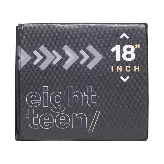 A black storage binder for the home gym, featuring bold text "eighteen/18 inch," with gray and white right-pointing arrow shapes, reminiscent of a Bells of Steel Foam Soft Plyo Box (16 x 18 x 20) used in versatile exercises.