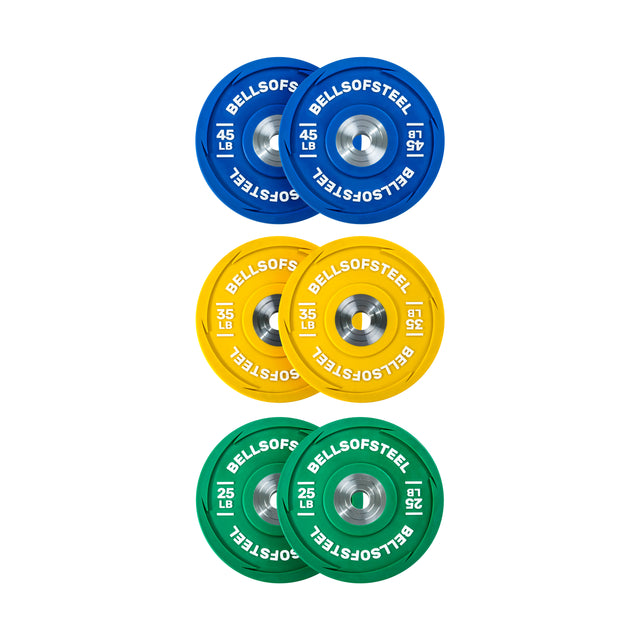 Six Bells of Steel Urethane Bumper Plates for Olympic weightlifting: two blue 45 LB, two yellow 35 LB, and two green 25 LB plates. Perfect to elevate your training routine.