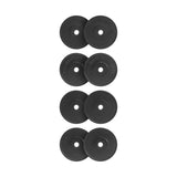 A set of eight Bells of Steel All-Black Bumper Plates arranged vertically in pairs on a white background, featuring central holes for barbells and accurate weight measurements.