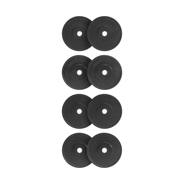 A set of eight Bells of Steel All-Black Bumper Plates arranged vertically in pairs on a white background, featuring central holes for barbells and accurate weight measurements.