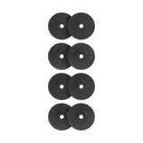 Eight Bells of Steel All-Black Bumper Plate Sets, arranged in four pairs on a white background. Each plate features a central hole and raised text around the edge, ensuring accurate weight for safe lifting.