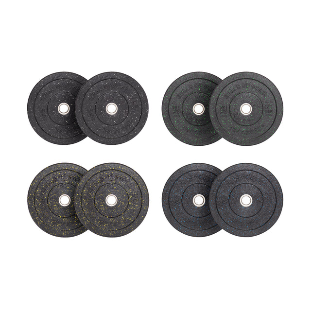 Four pairs of Bells of Steel Crumb Bumper Plates featuring red, green, yellow, and blue speckles on a white background.