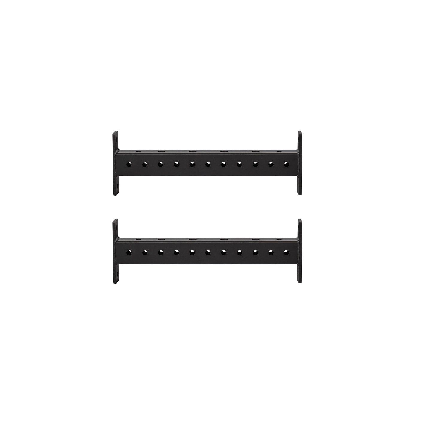 Two black Hydra Crossmembers by Bells of Steel, featuring evenly spaced holes, are positioned parallel to each other on a white background.