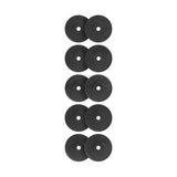 Ten vertically arranged All-Black Bumper Plates from Bells of Steel are centered against a white background. Each black plate features visible brand and weight details around the center hole, making them perfect for dedicated fitness enthusiasts.