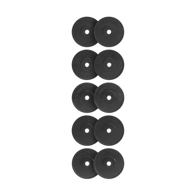 Ten Bells of Steel All-Black Bumper Plate Sets are arranged in five vertical pairs on a white background, each with a central hole and surrounding text to indicate precise lifting weight for safety.