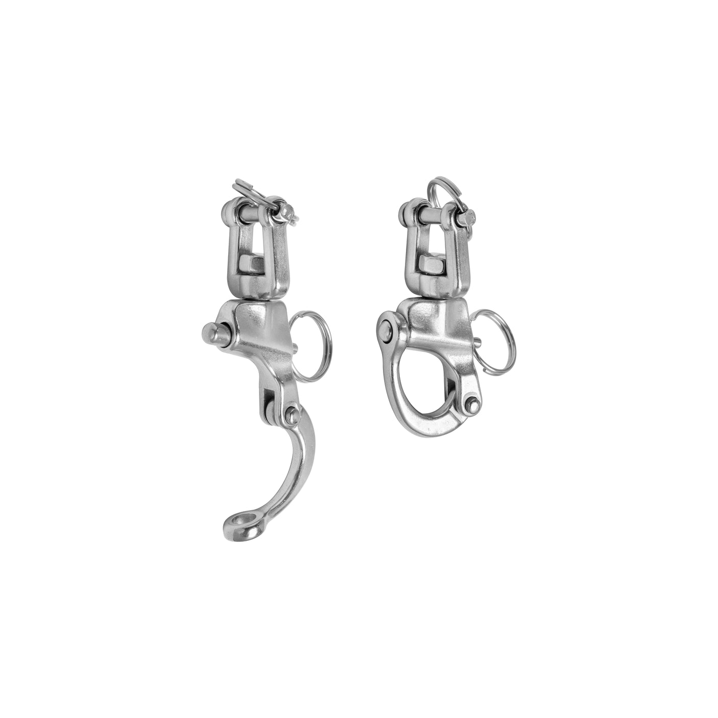 Displayed against a white background are two polished, silver-colored Swivel Shackles by Bells of Steel USA. Featuring swiveling bases, one hook is open and the other closed, highlighting their locking mechanisms. These hooks are comparable to premium swivel shackles used in gym cable machines.