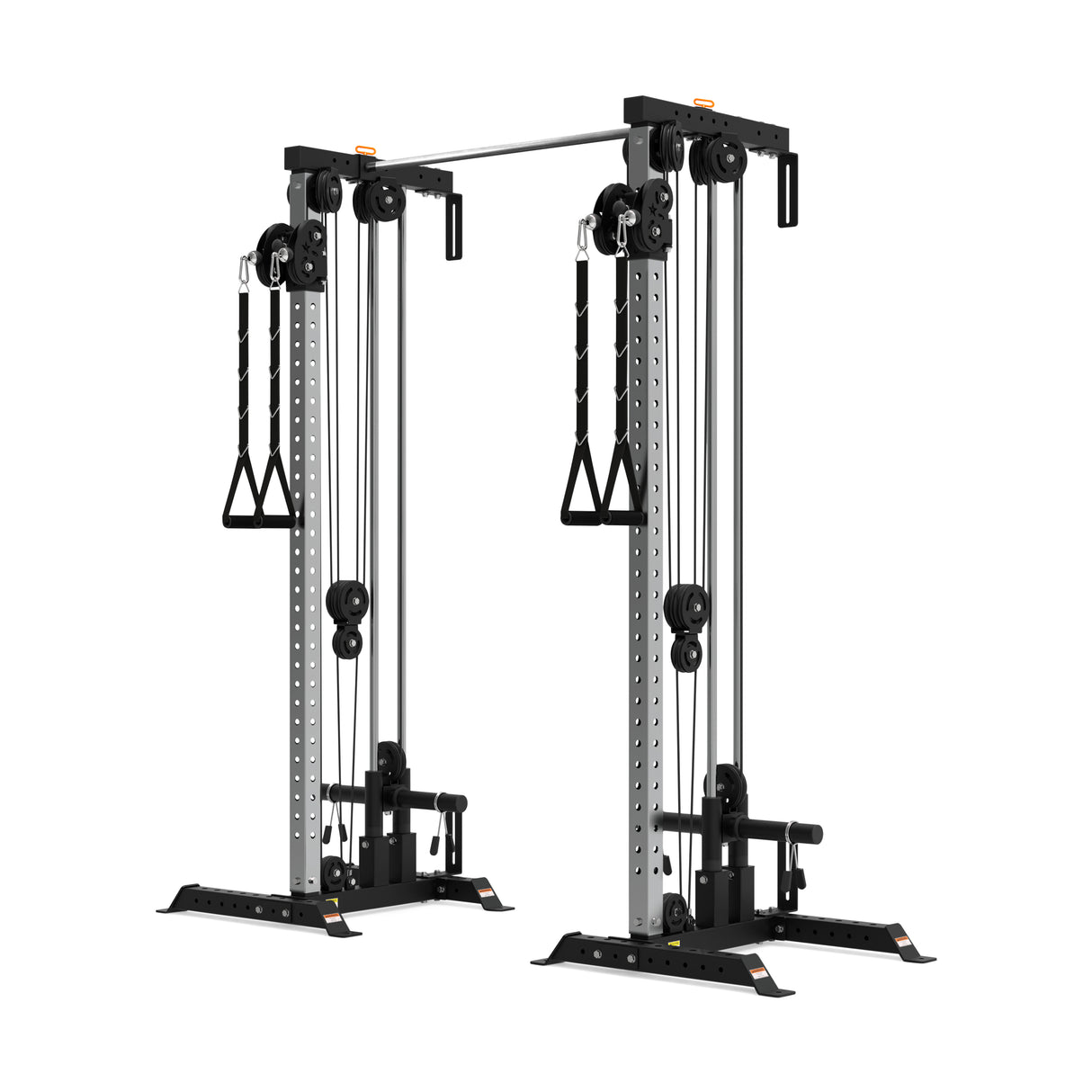 The Cable Tower Squat Stands by Bells of Steel is ideal for any home gym, featuring dual adjustable pulleys and handles with a robust black and silver frame. It includes weights on each side for resistance, perfect for strength training exercises.