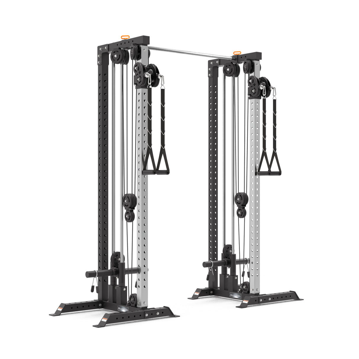 The Bells of Steel Cable Tower Squat Stands offers dual adjustable pulleys, perfect for home gyms. It features multiple attachment points and two handles per side for versatile exercises, with a sturdy metallic frame accented in sleek black for style and functionality.