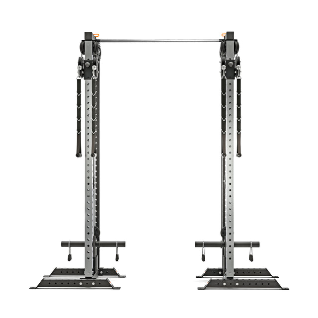 The Bells of Steel Cable Tower Squat Stands, in black metal, feature two adjustable vertical columns connected by a top horizontal bar. Equipped with multiple adjustment holes and a stable base, they're ideal for any home gym setup.