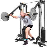 A person in athletic wear uses Bells of Steel's Cable Tower Squat Stands, pushing against a weight-loaded bar on the machine featuring multiple cables and stacks, positioned in a lunging stance for a dynamic home gym workout.