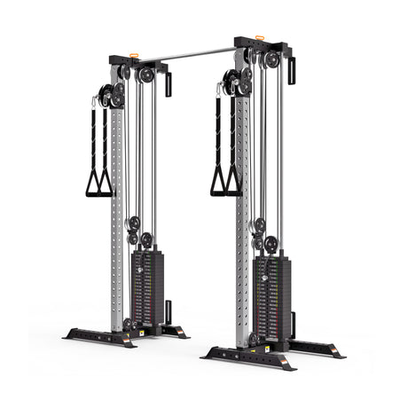 The Bells of Steel Cable Tower Squat Stands feature dual adjustable stacks, pulleys, and handles—ideal for strength training in gyms or home gyms.