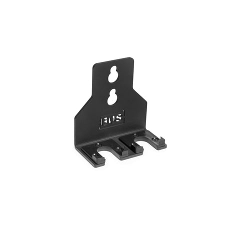 Bells of Steel Hanging Barbell Holders—black metal wall mount brackets with "ROS" cutout, two keyhole slots for hanging, and U-shaped slots at the base—perfect for bar storage; shown isolated on a white background.